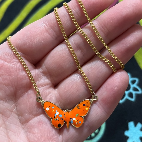 Vintage Jewelry - VTG Cottagecore Boho Orange Enamel Butterfly Gold Tone Metal Costume Necklace